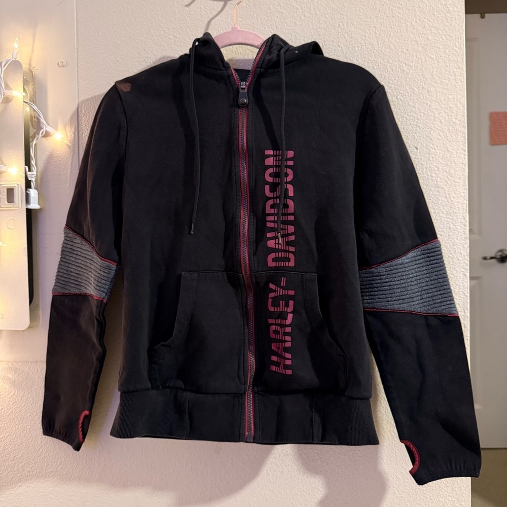 Harley-Davidson Black Zip Up Hoodie Pink Logo Motorcycle Sweatshirt Small